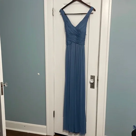 steel blue bridesmaid dresses david's bridal David's Bridal Long Mesh Dress with Lace CapSleeves, Steel Blue, Size 14, NWT